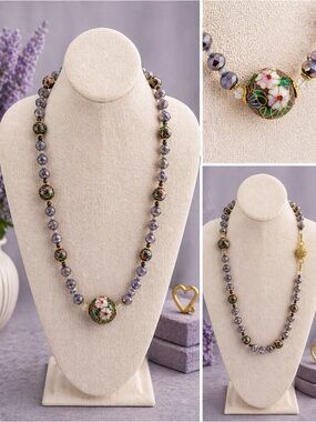 Vintage Cloisonné Floral Gray Bead Necklace -